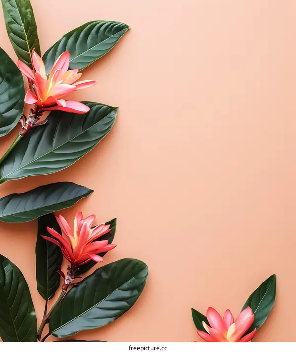 Floral Arrangement with Green Leaves on a Peach Background