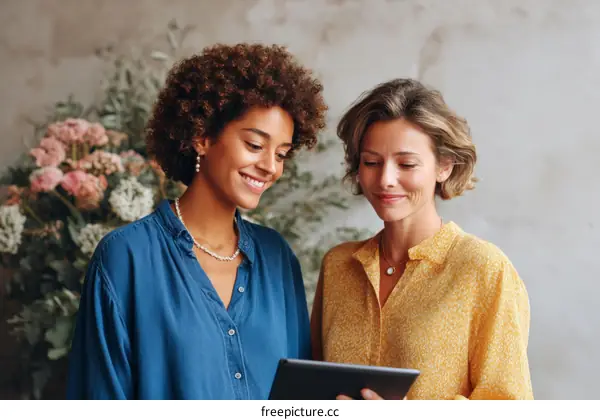 Two women collaborating on a tablet