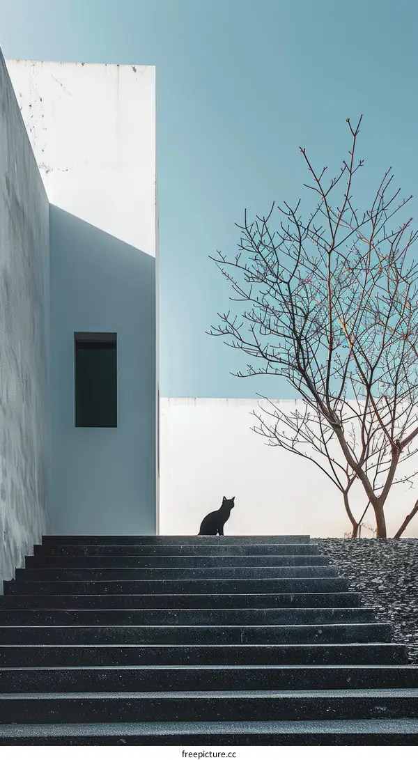 Black Cat on Minimalist Stairs