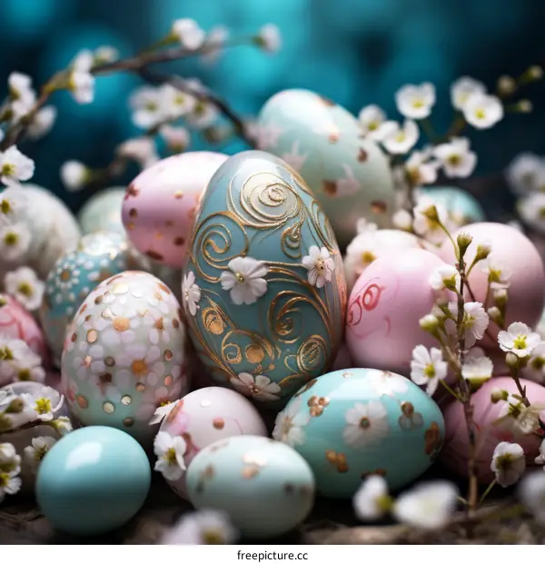 Exquisitely painted Easter eggs with delicate floral patterns