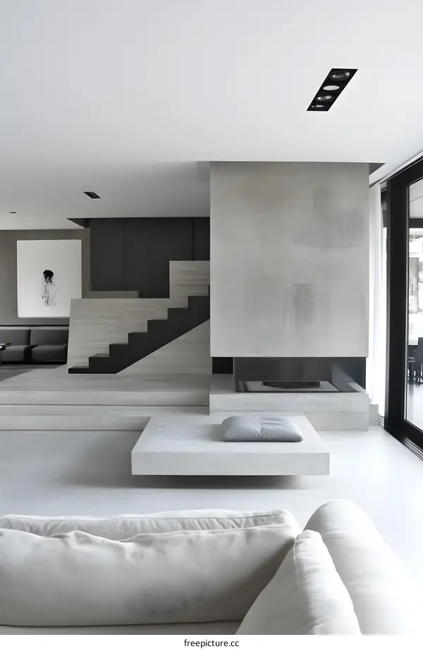 Modern Minimalist Home Interior Design With Grey Concrete Walls And A Floating Platform