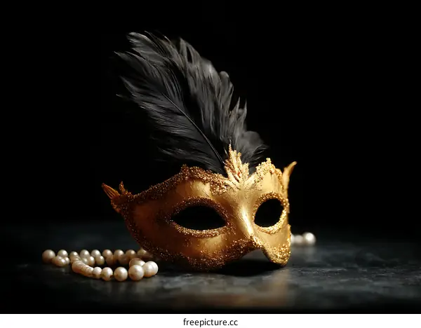 Golden Venetian Mask with Black Feathers
