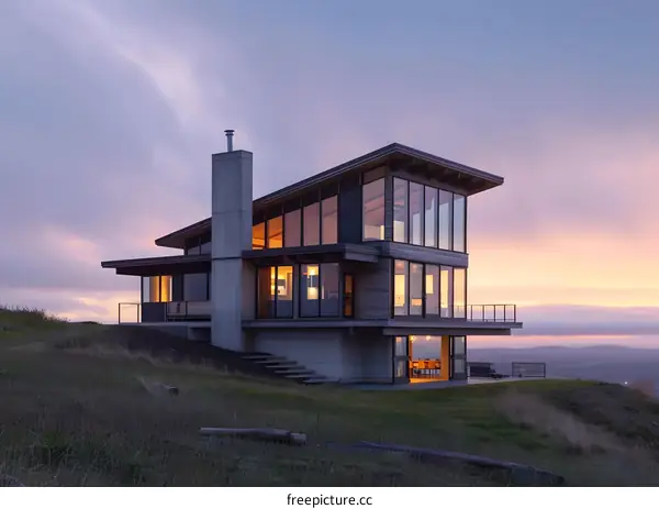 Modern House with Large Windows in a Hilltop Setting at Sunset