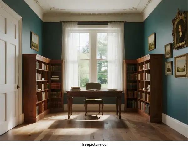 A serene study room with wooden bookshelves and a large window