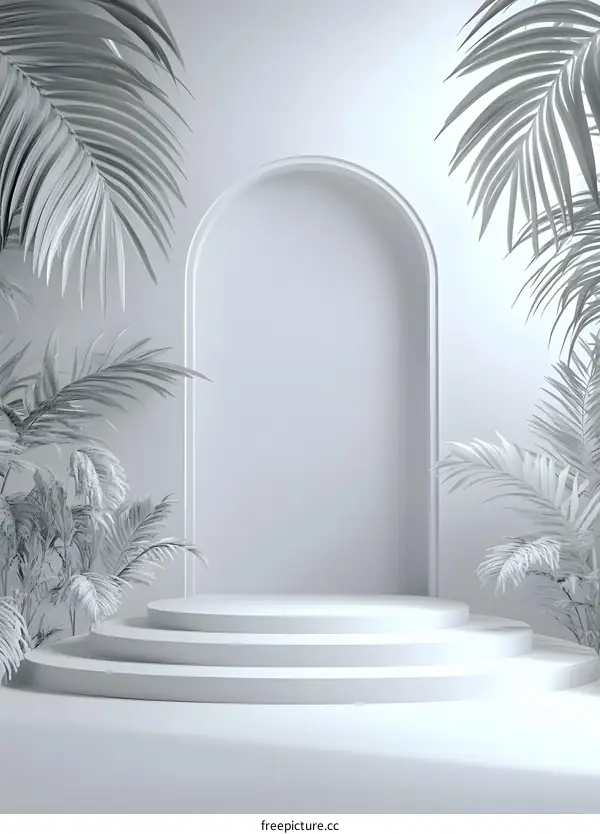 White Minimalist 3D Product Display with Palm Leaves and Arch