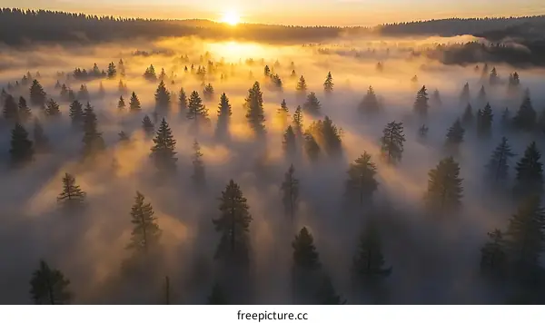 Sunrise Through the Misty Forest