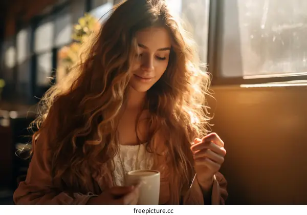 portrait of a beautiful young woman with long blond hair sitting in a cafe and holding a cup of coffee