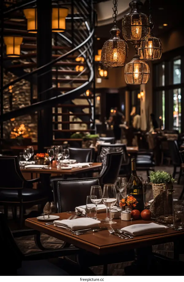spiral staircase in a modern restaurant with elegant table settings