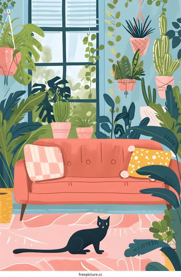 Living Room Interior Design Illustration With Green Plants and a Black Cat