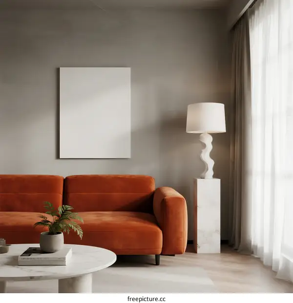 Modern Living Room Interior with Orange Sofa and White Wall