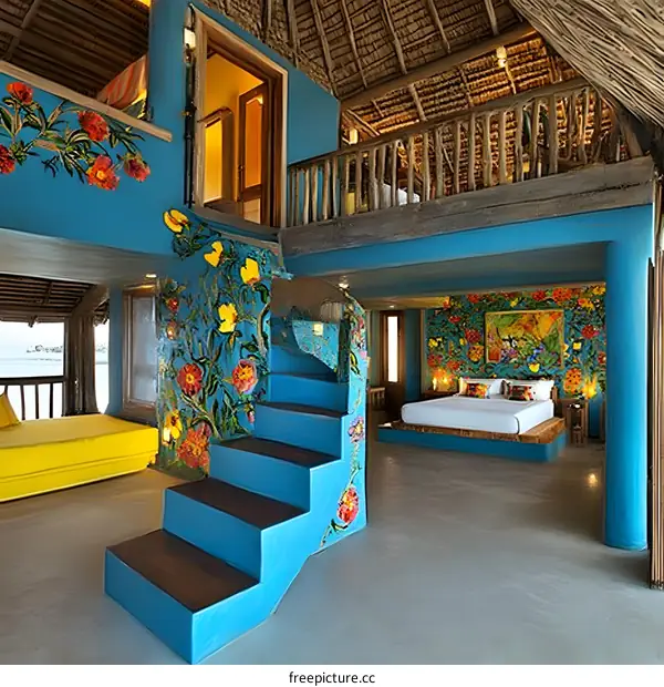 Tropical Vacation Villa with Blue Walls and Floral Decor