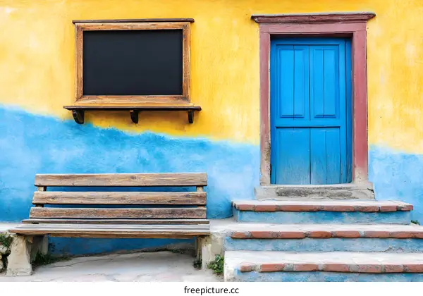 Wooden Bench and Blue Door in Front of a Colorful Building
