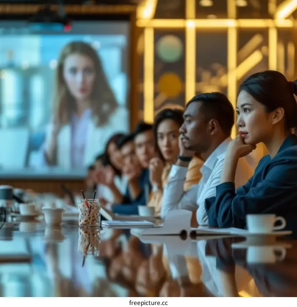 A group of people are sitting around a table having a meeting.