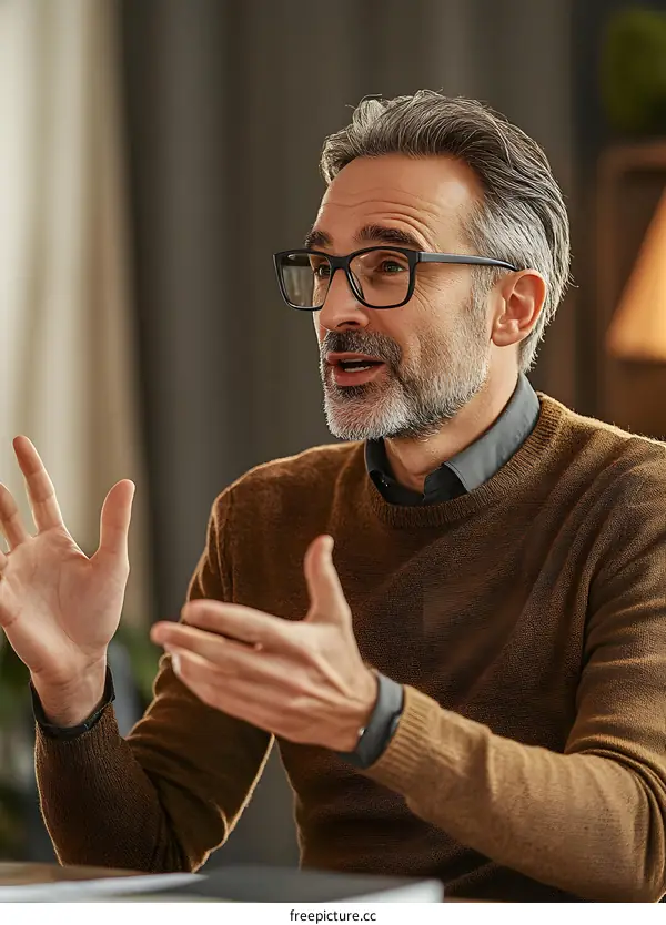 Mature Man Wearing Glasses Talking With His Hands