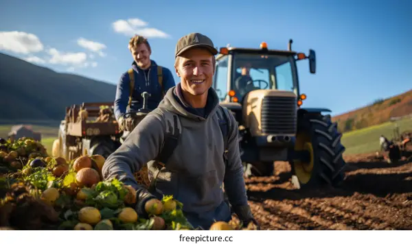 Two farmers harvesting potatoes from a field using a tractor