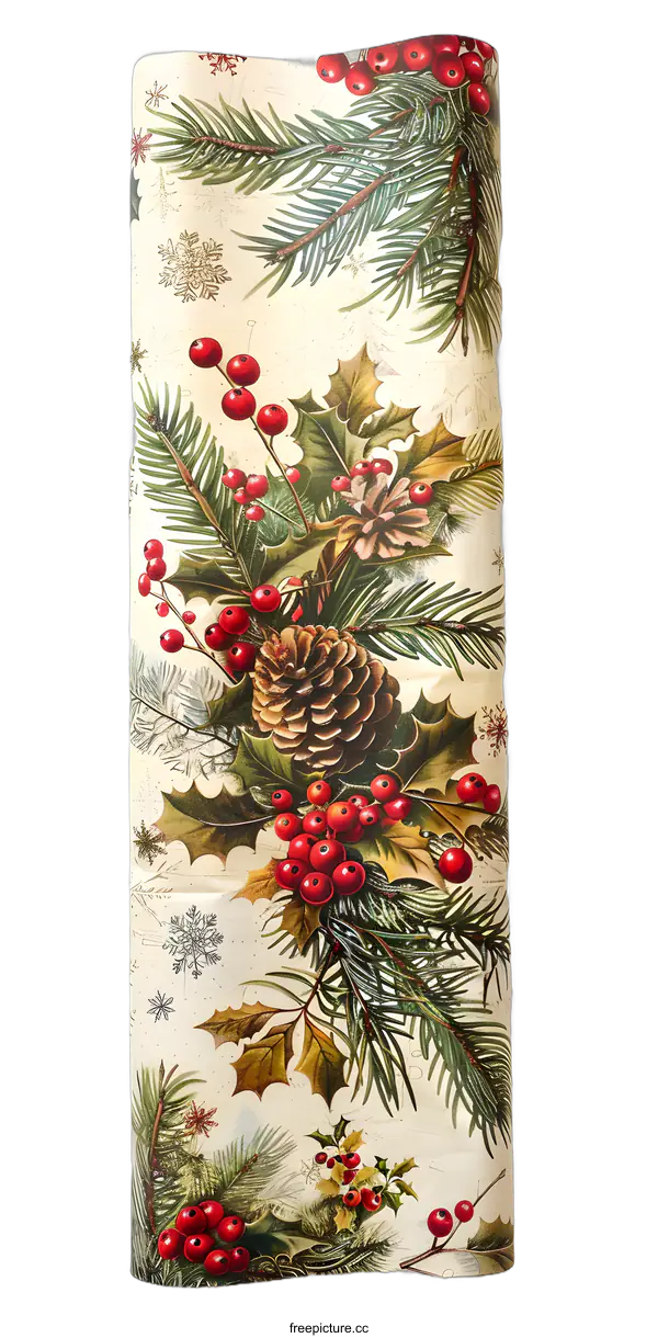 [Transparent Background PNG]Christmas Wrapping Paper With Pine Cones And Holly Berries