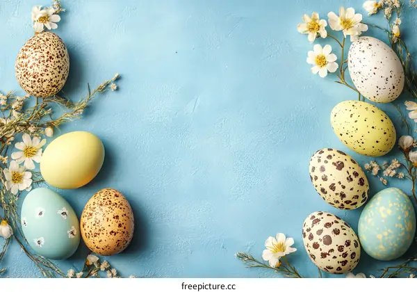 Easter Eggs Decorated with Flowers on Light Blue Background
