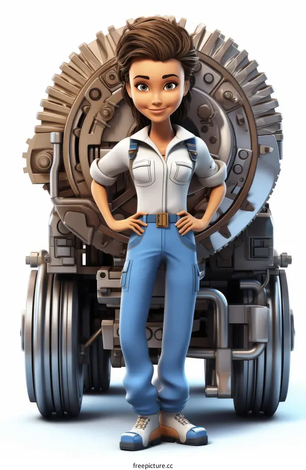 Confident female engineer standing in front of a large mechanical gear