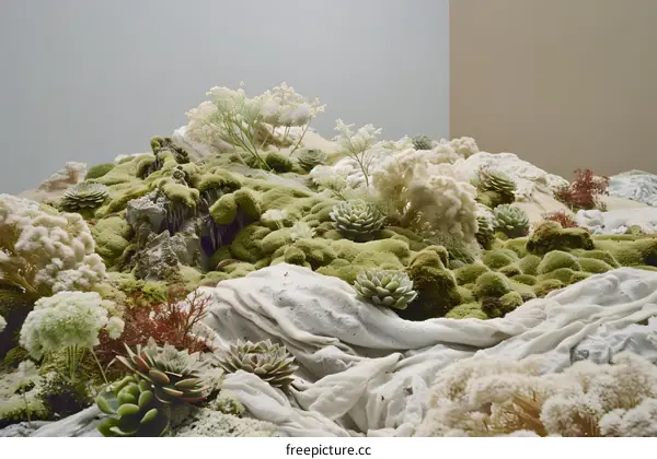 Green Moss and Succulents with White Fabric