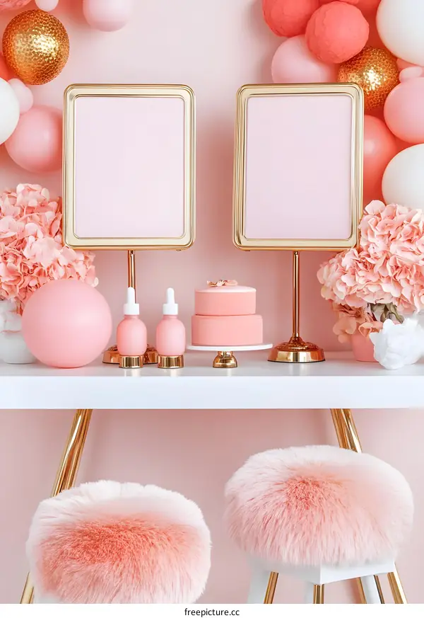 Pink and Gold Aesthetic Tabletop Decor with Frames
