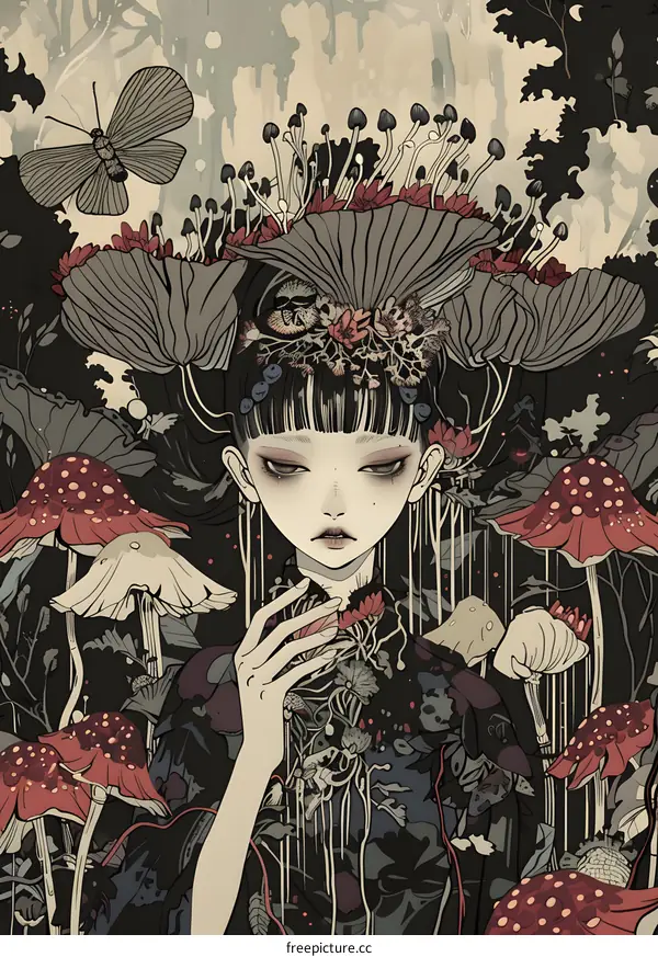 Fantasy Illustration of a Woman Surrounded by Mushrooms