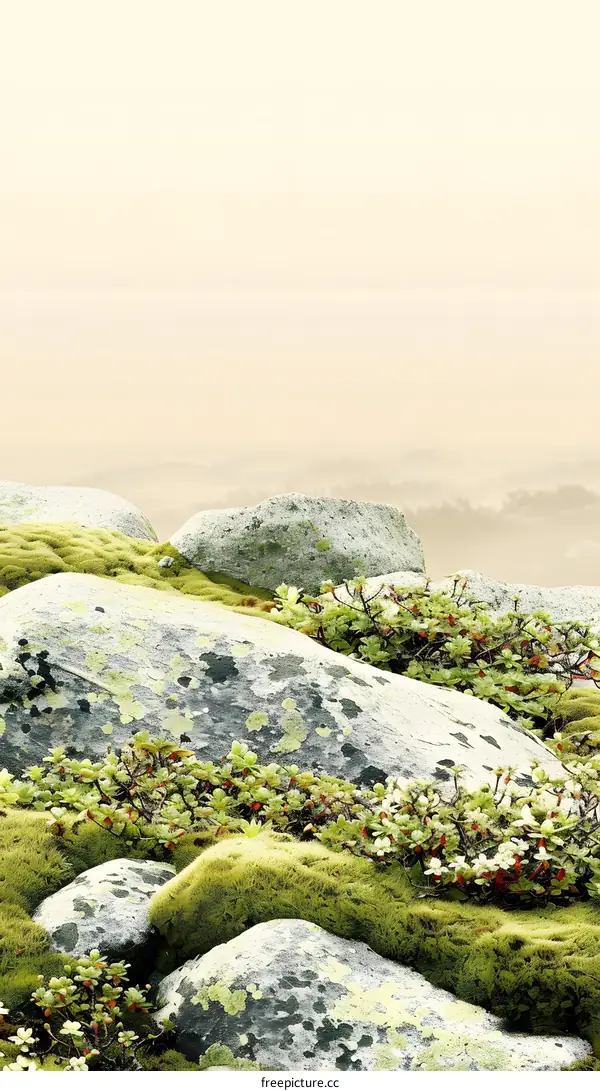 Green Moss Covered Rocks in Misty Mountain Landscape