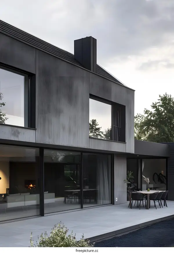 Modern Concrete House with Large Windows and Patio
