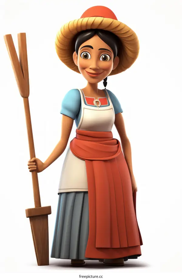 A young woman in a straw hat and red apron holds a wooden oar