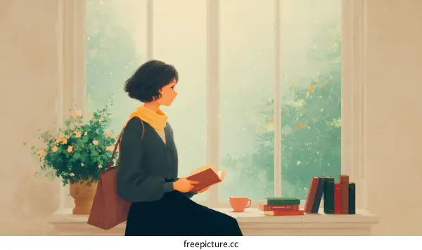 Woman Reading by the Window in Winter
