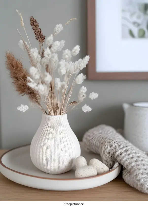 White Dried Flowers in a Knitted Vase on a Table