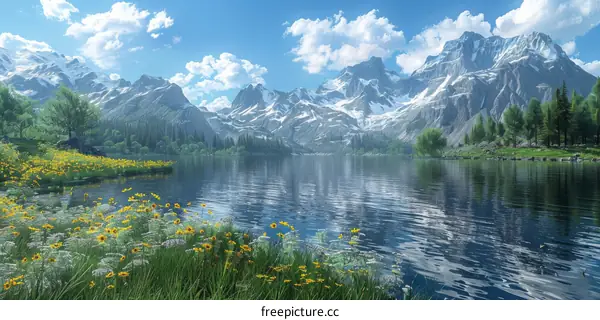 Tranquil Mountain Lake with Blooming Flowers