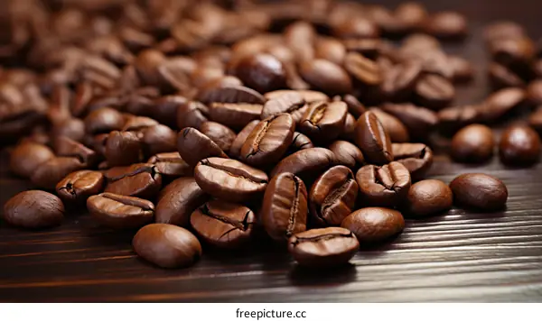 Roasted Coffee Beans Scattered on a Wooden Table