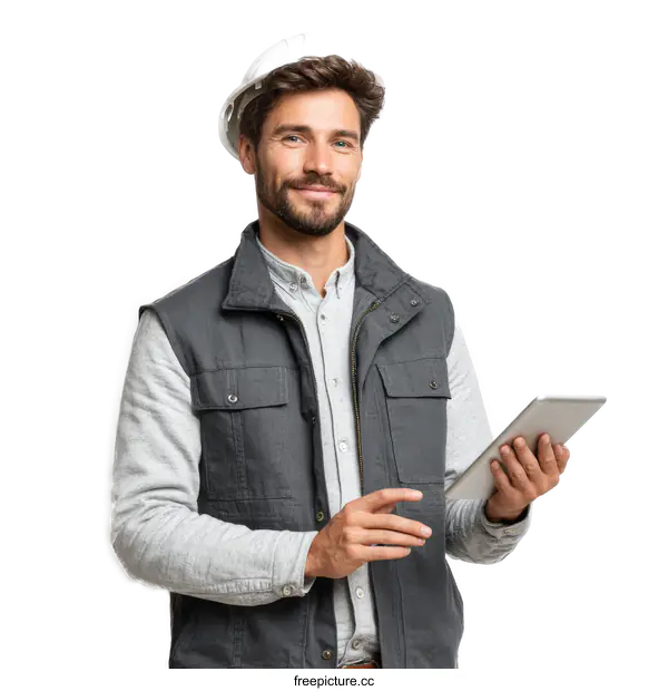 [Transparent Background PNG]Caucasian Male Engineer Holding Tablet