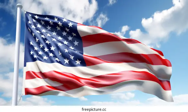 Waving American flag against a blue sky with clouds