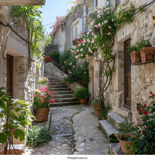 Narrow Stone Alley with Flowers