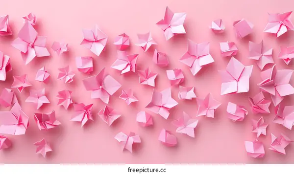 Pink origami flowers on a pink background