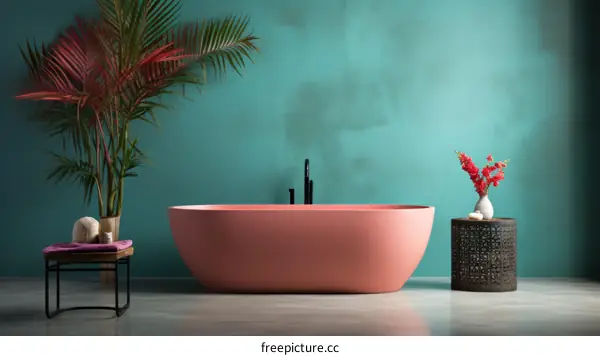 Pink Bathtub in Minimalist Bathroom Interior with Tropical Plant and Flowers