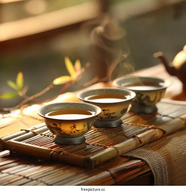 Three Chinese teacups on a bamboo table