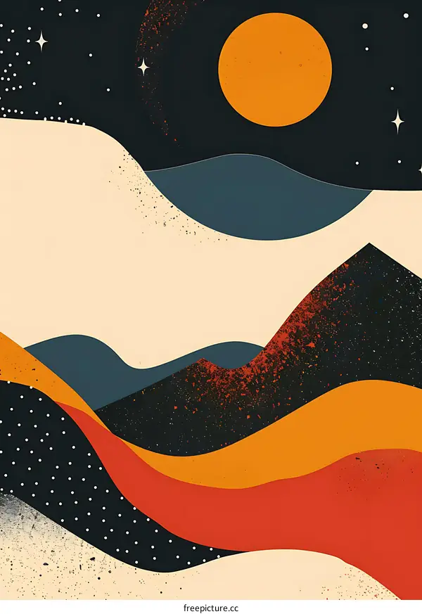 Abstract Mountain Landscape with Stars and Moon
