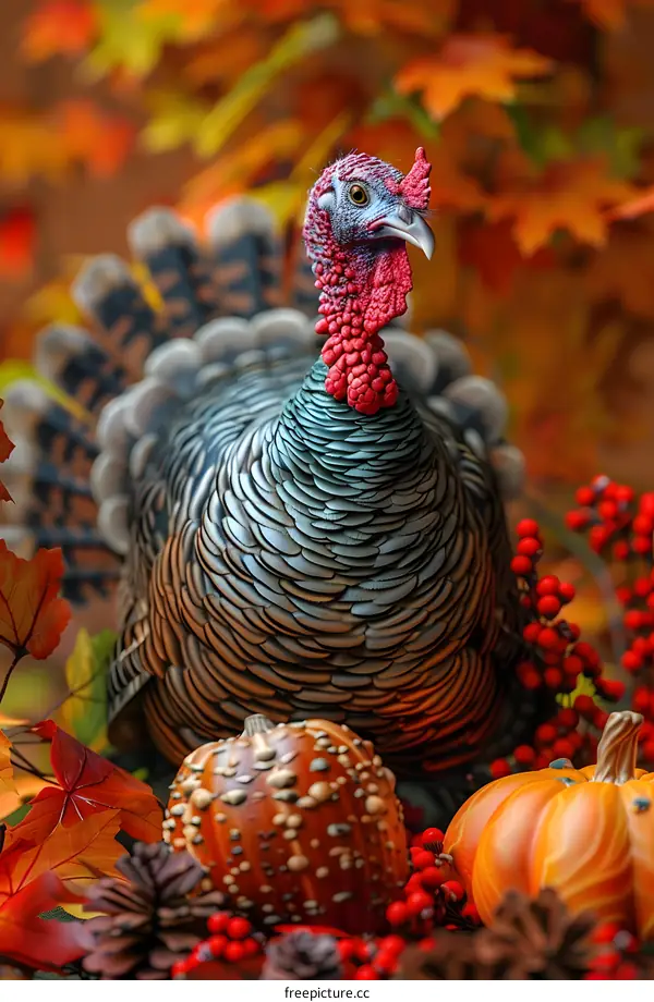 A majestic turkey stands proudly amidst a bountiful harvest of pumpkins and gourds.