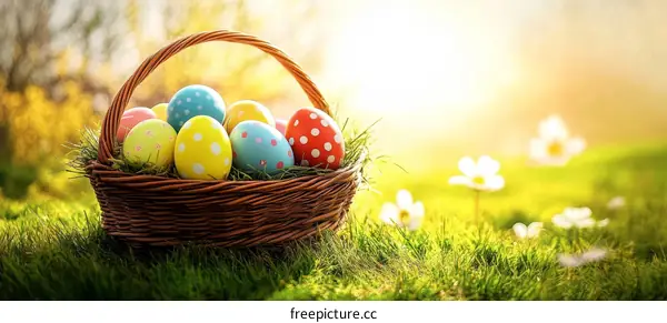 Colorful Easter Eggs in a Basket in a Spring Garden