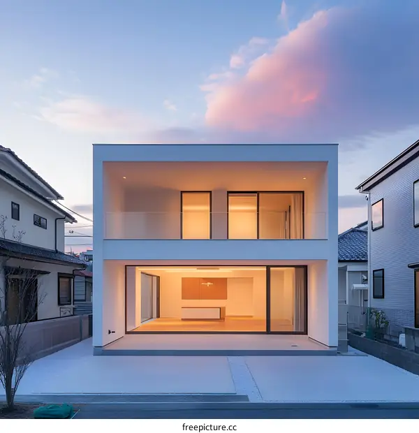 Modern Minimalist Two Story House with Patio and Evening Sky