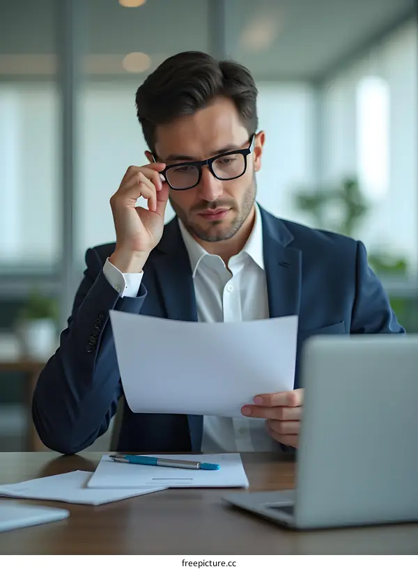 Focused Businessman Reviewing Documents in Office