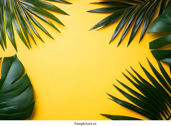 Tropical Leaves on Yellow Background