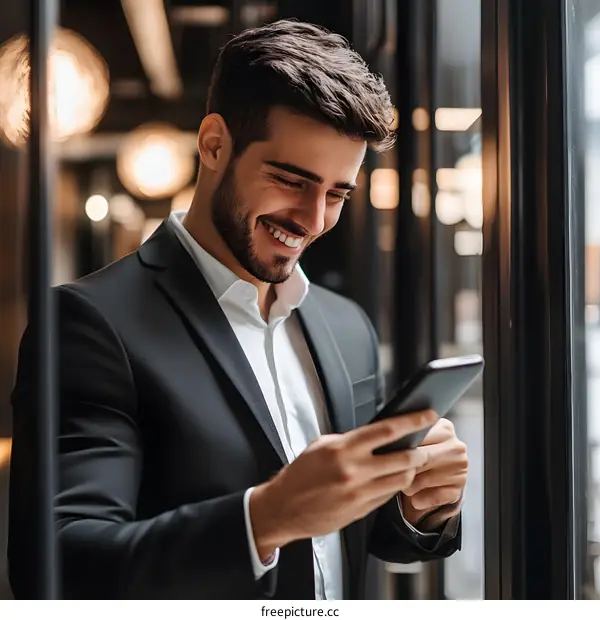 Smiling Businessman Looking At Phone In Office