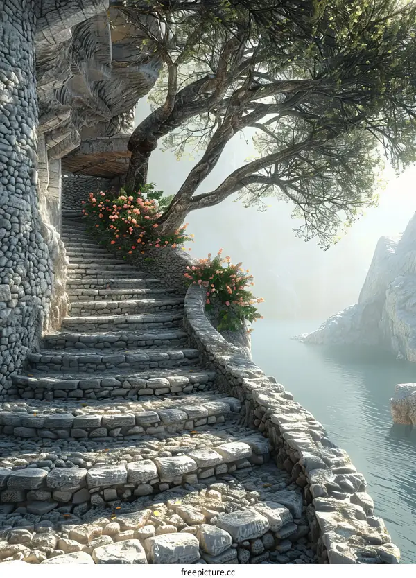 Stone Steps Leading to a Misty Lake