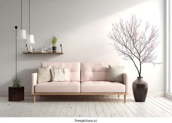 Modern Minimalist Living Room with Pink Sofa