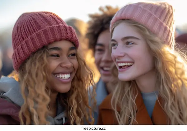 Three young women wearing beanies smile and chat together outdoors
