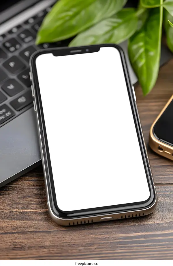 Smartphone With Blank Screen On Wooden Table