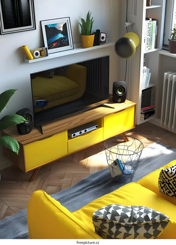 Modern Living Room Interior Design With Yellow Sofa and TV Stand